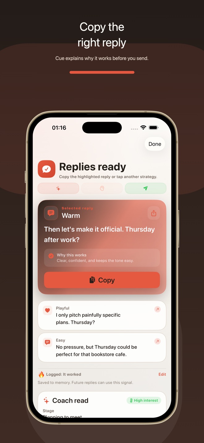 Cue App Store preview: choose and copy a reply