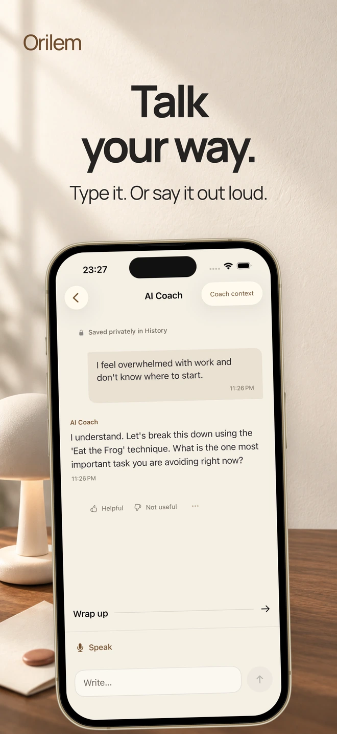 Orilem preview: an AI coach conversation, with text and voice input